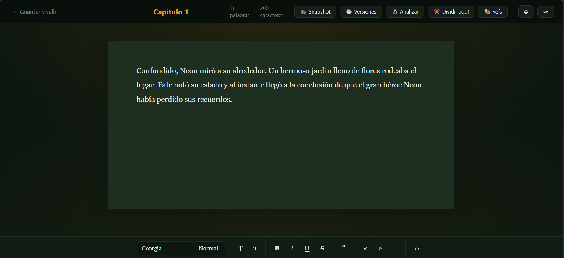 Editor de escritura de StoryCamp con un capítulo